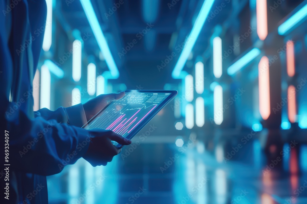 Poster a person holding a tablet displaying a vibrant data graph in a futuristic, luminescent environment.