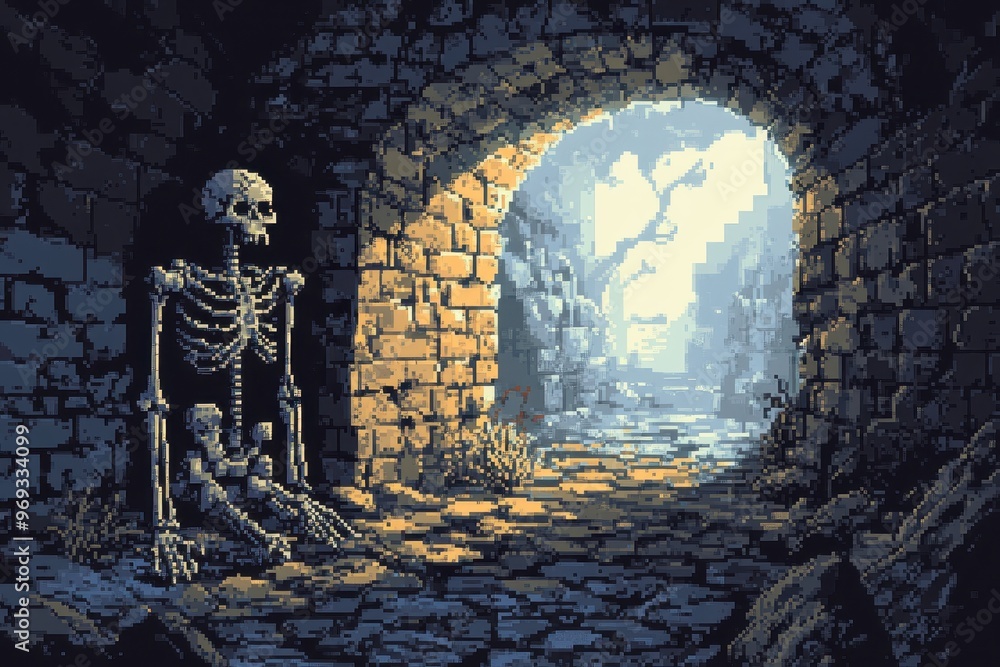 Poster retro 16-bit dungeon scene with pixelated skeletons and copy space wall background