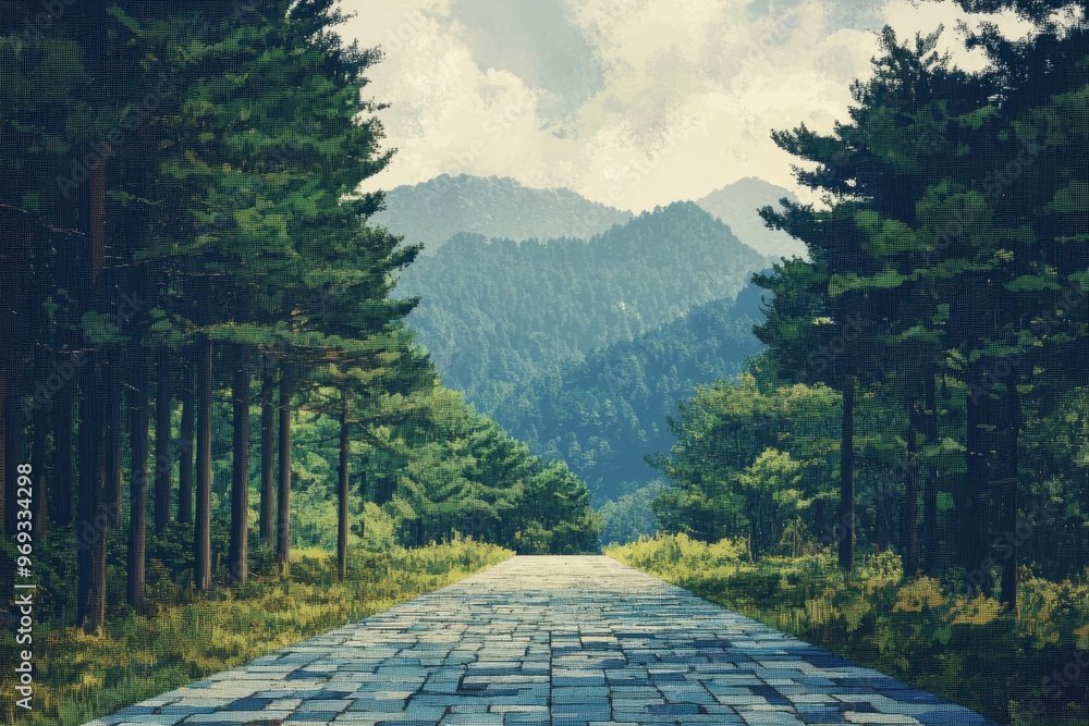 Poster retro pixelated forest path in mountains with copy space sky