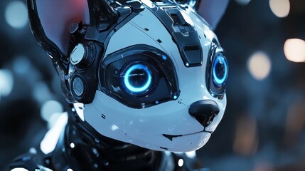 Detailed view of a robotic pet's face with glowing eyes, capturing the AI-powered animal's emotional expression, [AI pet], [animal technology].