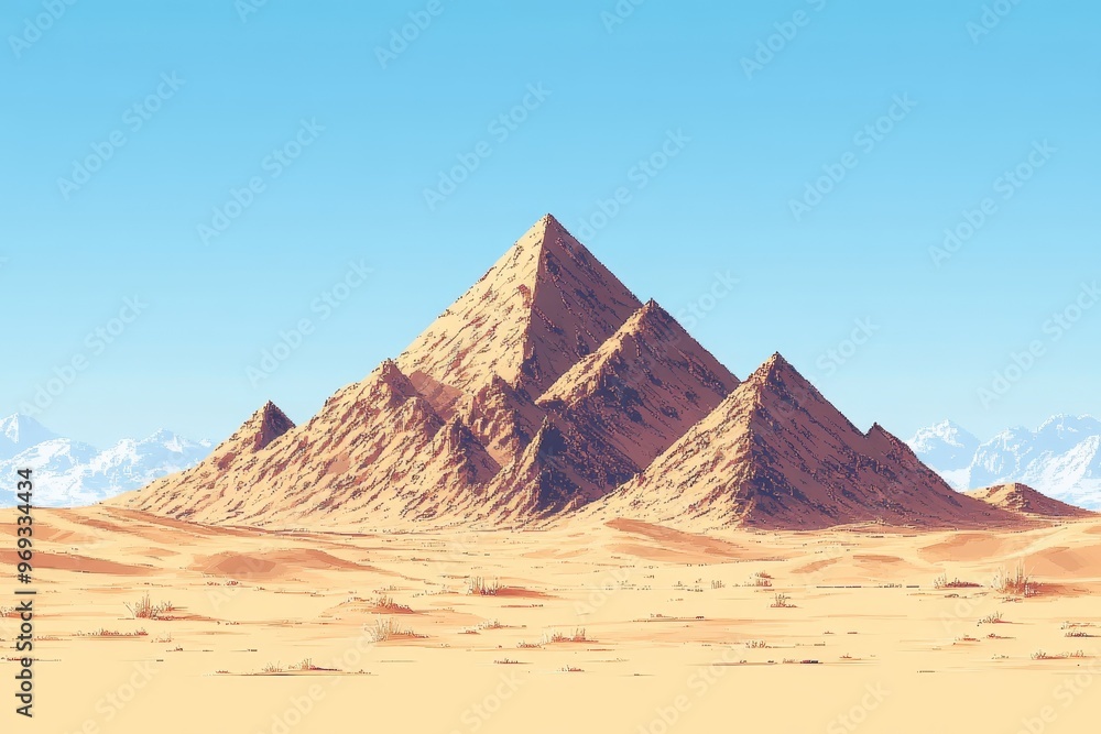 Poster retro 8-bit desert landscape with pixel pyramids and clear sky for copy space