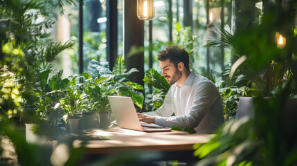 A professional working in a green-certified office building surrounded by plants