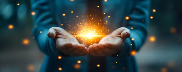Abstract Image of Golden Magic Light Sparkles in Woman's Open Hands