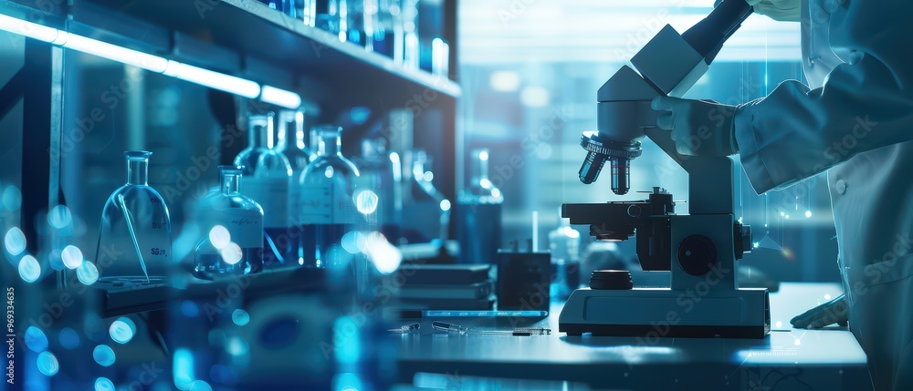Poster a scientist examines samples using a microscope in a modern laboratory filled with glassware and blu