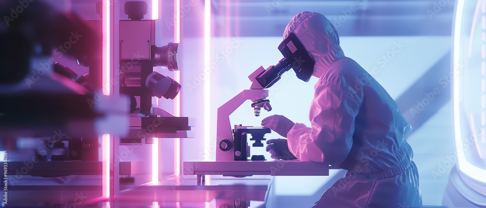 Aufkleber a scientist in a lab coat examines samples under a microscope in a modern laboratory with vibrant ne