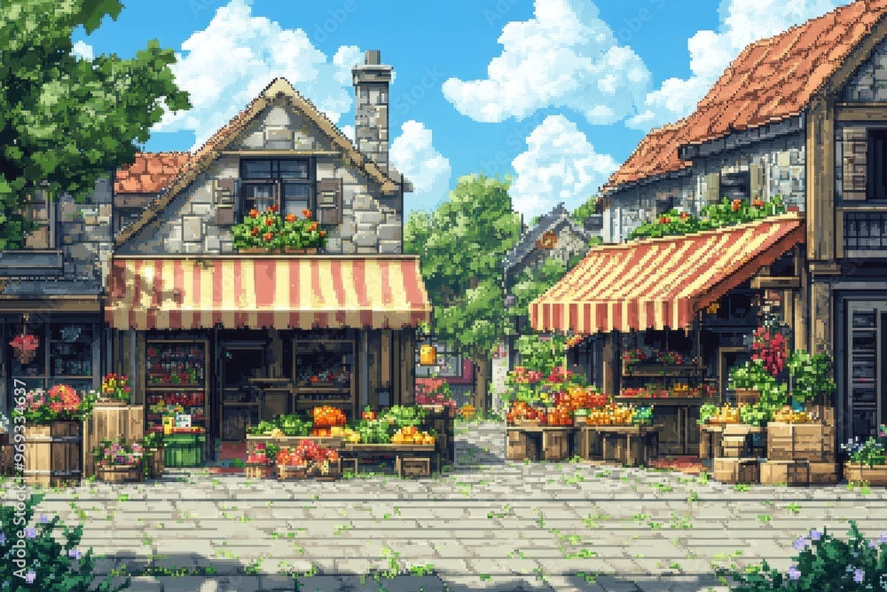 Poster retro 16-bit village scene with pixel market stalls and open sky for text overlay
