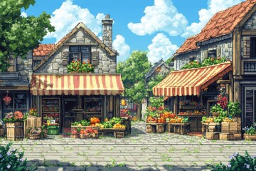 Fototapeta premium Retro 16-Bit Village Scene with Pixel Market Stalls and Open Sky for Text Overlay