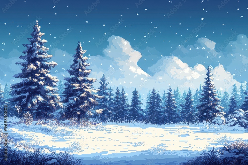 Poster retro 8-bit snowy forest landscape with pixel trees and copy space sky for text