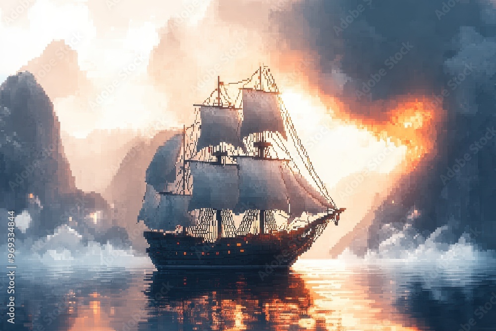 Poster retro pixel pirate ship sailing on open sea with copy space for text