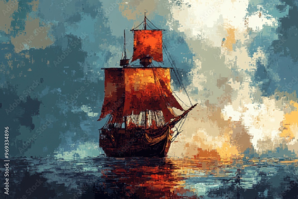 Poster retro pirate ship with pixel sails sailing in open sea, copy space for text