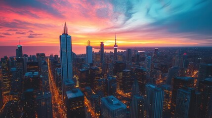 Fototapeta premium breathtaking aerial cityscape at sunset urban skyline digital photography