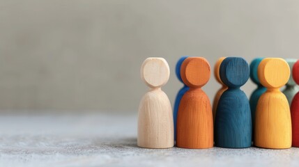 Close-up of colorful wooden figurines arranged in a row, symbolizing diversity, teamwork, and unity on a light background.