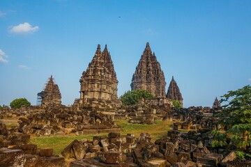 Ancient temple ruins of Prambanan (Candi Prambanan) a 9th-century Mahayana Buddhist temple complex in Magelang Regency, Yogyakarta region, central Java, Indonesia