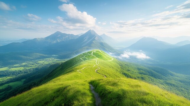 A mountain landscape overlaid with augmented reality AR hiking trails and digital guides, showing a blend of adventure and technology Ideal for travel blogs, AR apps, and outdoor adventure websites.,