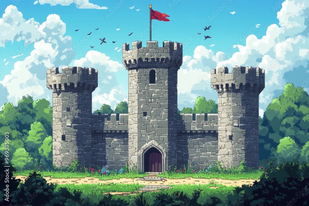Poster digital fantasy world - pixelated castle with guards in a clear sky for futuristic design concepts a