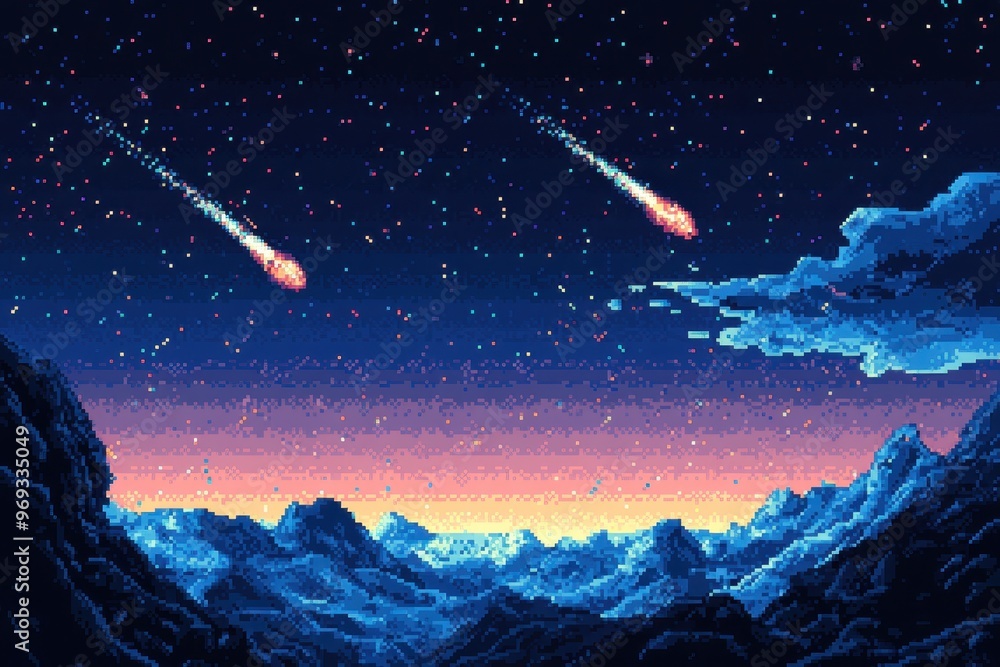 Poster retro 8-bit outer space scene with pixelated comets and blank starry sky for copy space