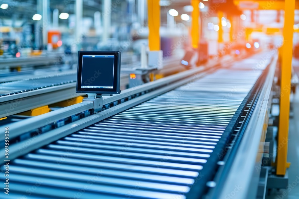 Poster automated conveyor belts with sensors scanning products for defects, emphasizing quality assurance, 