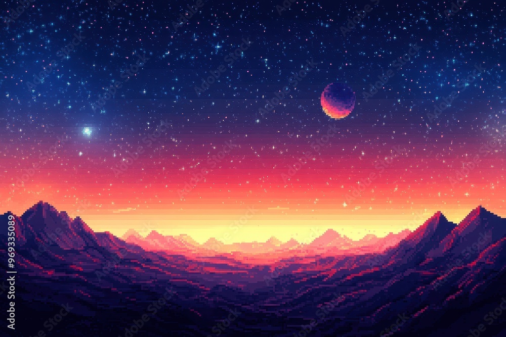 Poster pixelated comets in 8-bit outer space with blank starry sky copy space