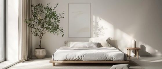 A serene bedroom with natural light, a minimalist bed, vibrant plant, and soft textures creating a calming atmosphere.