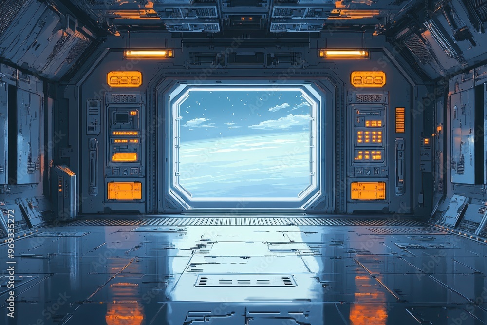 Poster retro 16-bit space station interior with pixelated windows for copy space