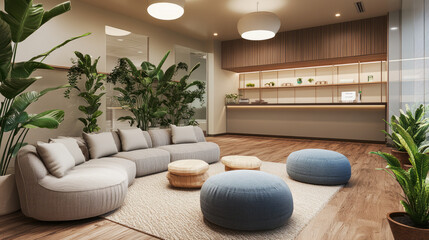 A well-designed office break room with comfortable seating and wellness resources