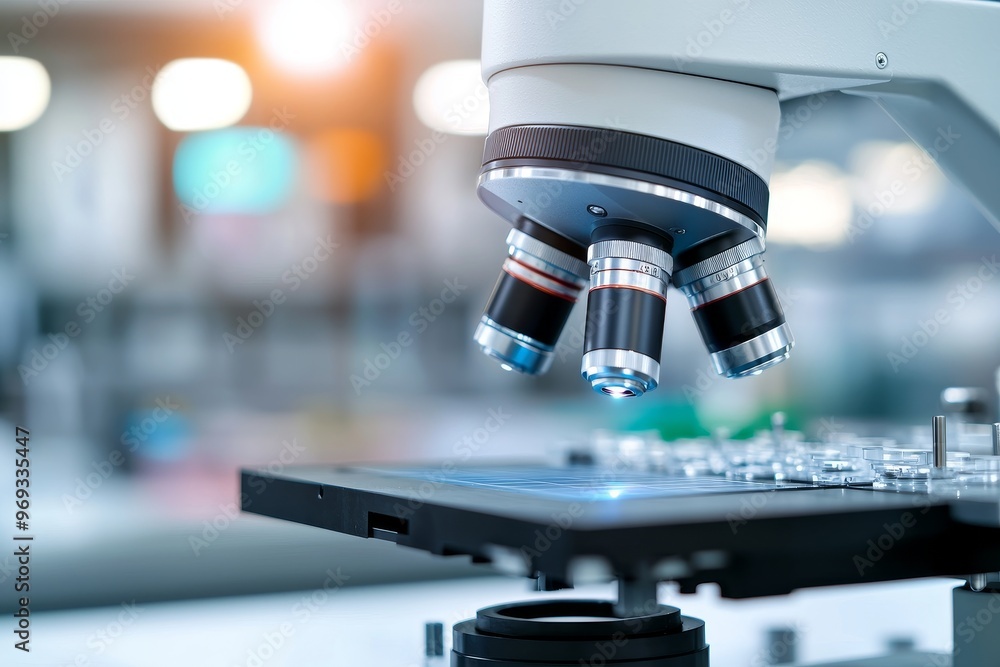 Poster modern microscope in a laboratory setting, showcasing its advanced features and precision for scient