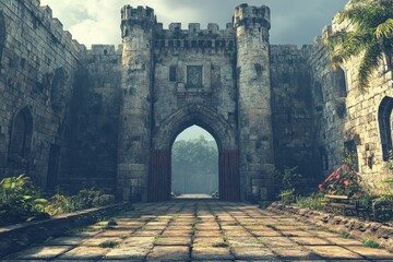 Retro 8-Bit Medieval Castle Courtyard with Blank Sky Copy Space