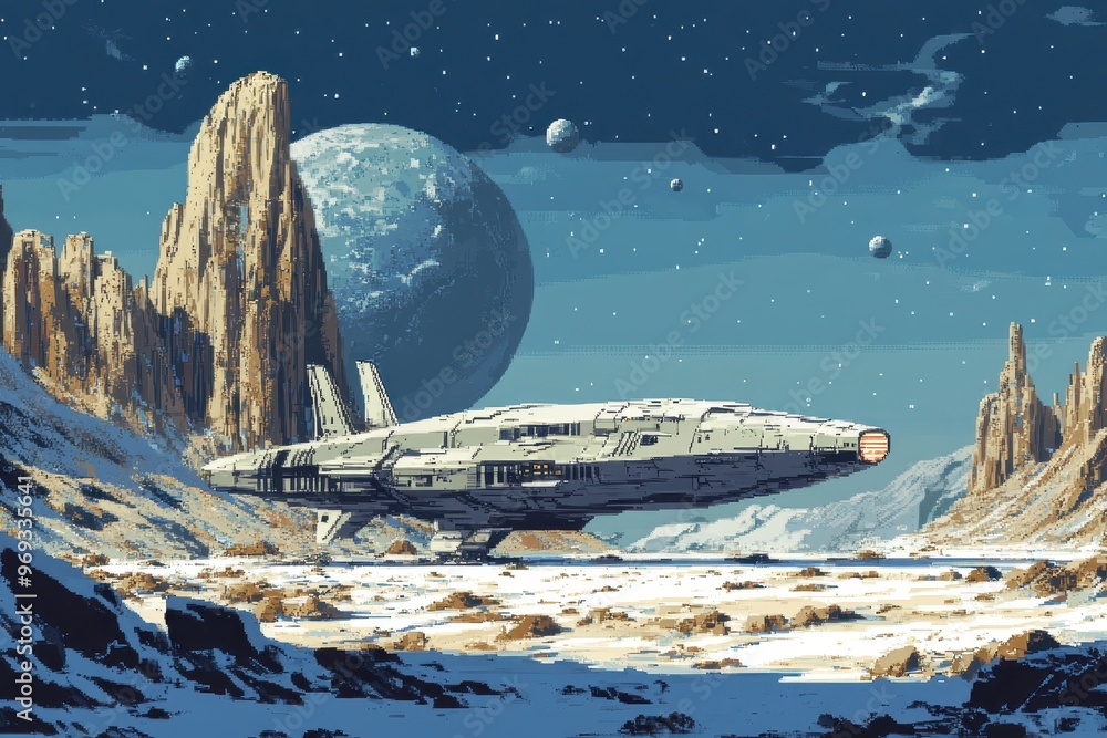 Aufkleber retro pixel art alien planet with spaceships, copy space for text