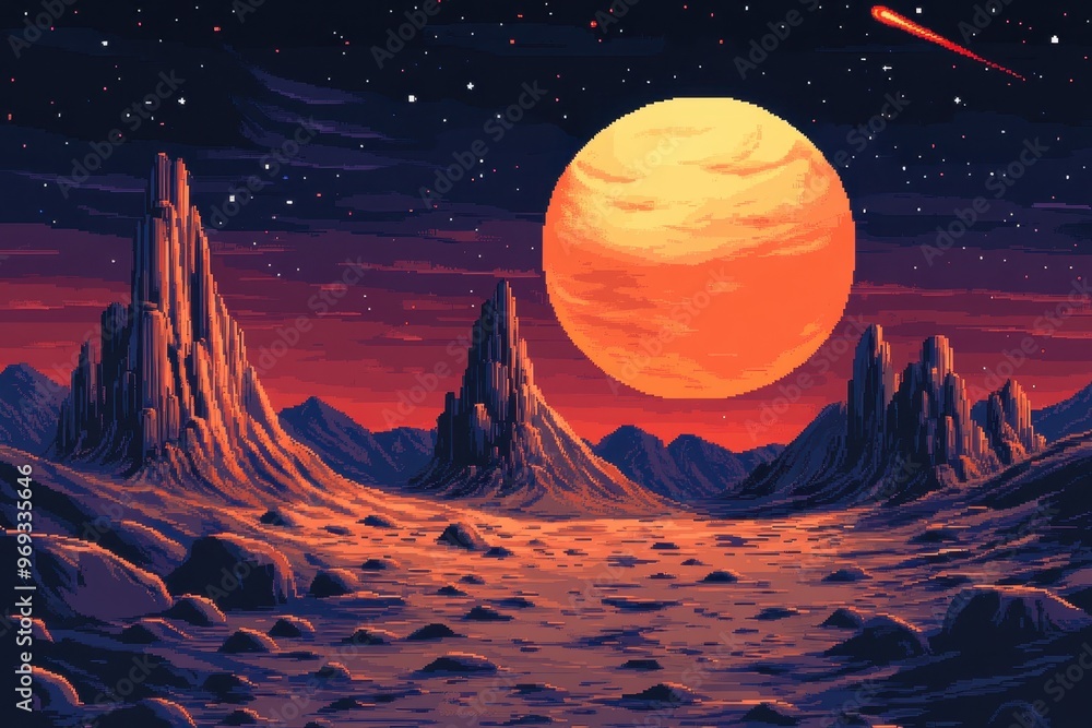 Poster futuristic pixelated alien world with pixel spaceships and blank terrain for text