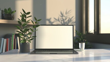 Fototapeta premium A serene workspace featuring a modern laptop, plants, and natural light, perfect for creativity and productivity.