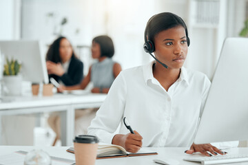 Notes, businesswoman and microphone with computer for call center, telemarketing and customer...