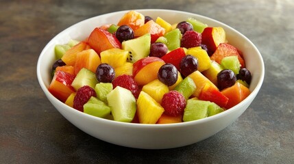 A bowl of mixed fruit salad with a variety of colors and textures, perfect for a healthy snack.