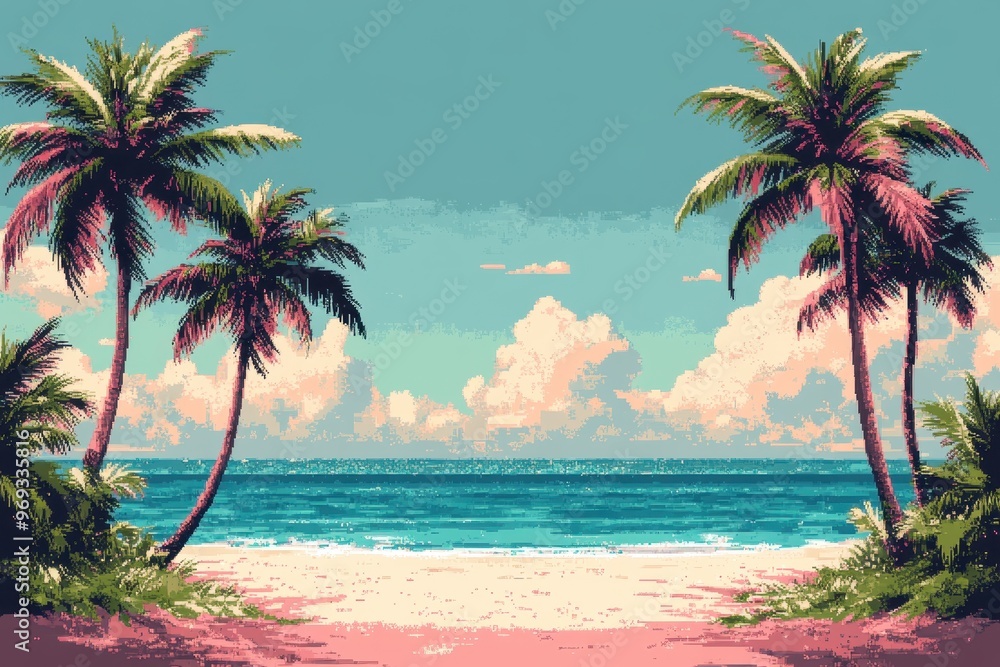 Aufkleber digital retro beach scene with pixelated palm trees and clear sky for text overlay