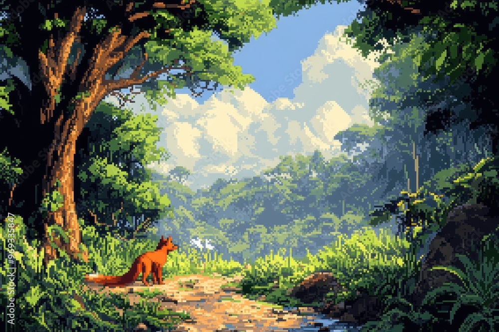 Poster pixelated jungle adventure - retro 8-bit wilderness with wildlife and clear sky copy space for text 