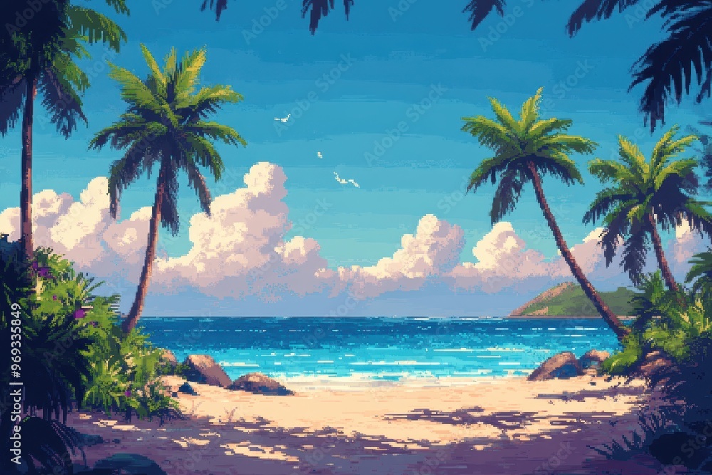 Poster pixelated paradise - nostalgic retro beach scene with palm trees and clear sky background for copy s