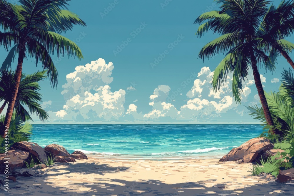 Poster pixelated palm trees on a retro beach with clear sky for text background