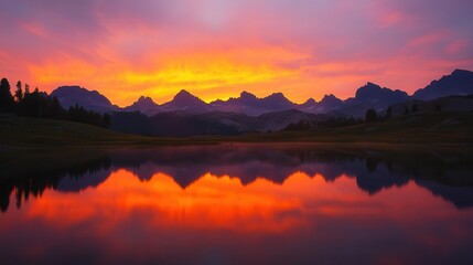 Naklejka premium breathtaking mountain sunrise paints the sky in vibrant hues of orange and pink majestic peaks silhouette against the dawn sky reflecting in a serene alpine lake below