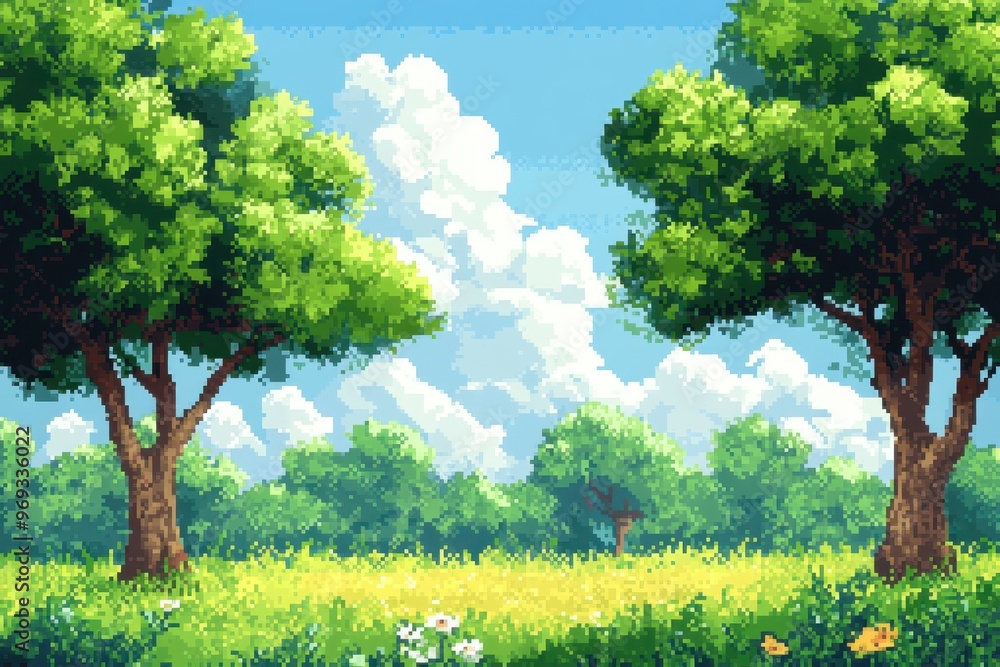 Poster digital forest landscape with pixelated trees and clear sky for text background