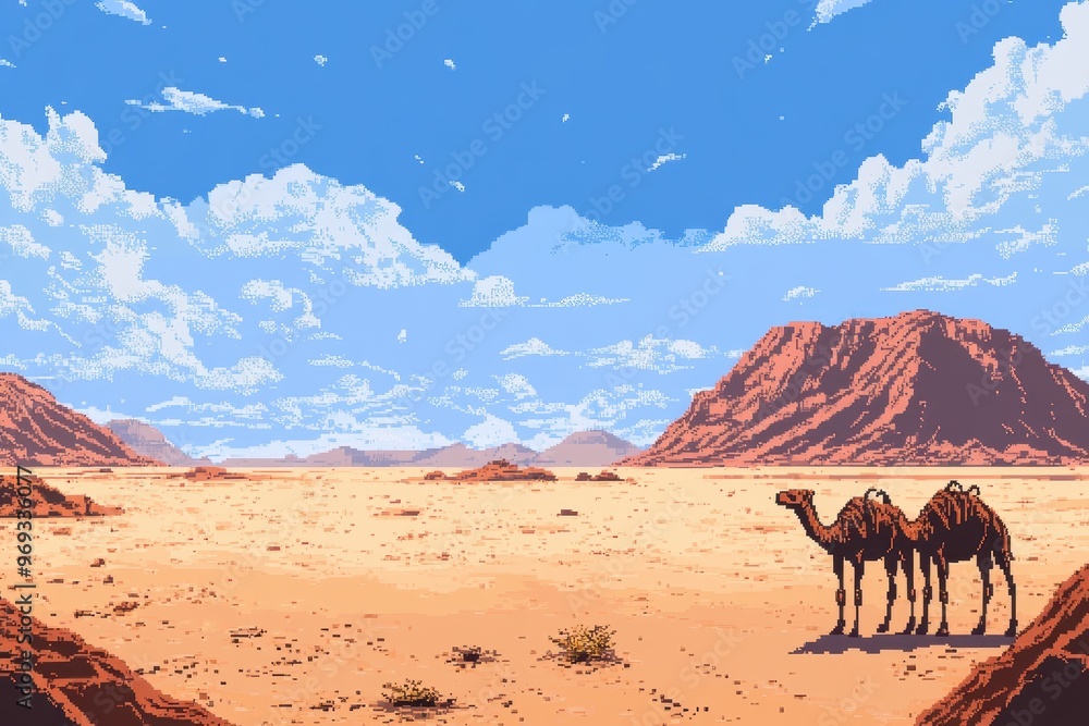 Poster retro 8-bit desert landscape with pixelated camels and copy space