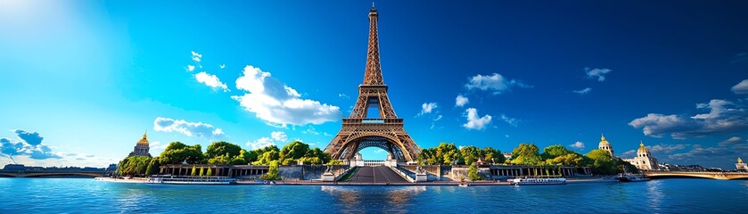 Obraz premium Stunning panoramic view of the Eiffel Tower against a clear blue sky reflects the beauty of Paris and its iconic architecture.