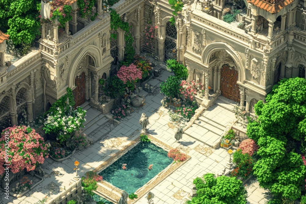 Aufkleber retro 16-bit castle scene with pixelated guards and spacious clear courtyard for copy space