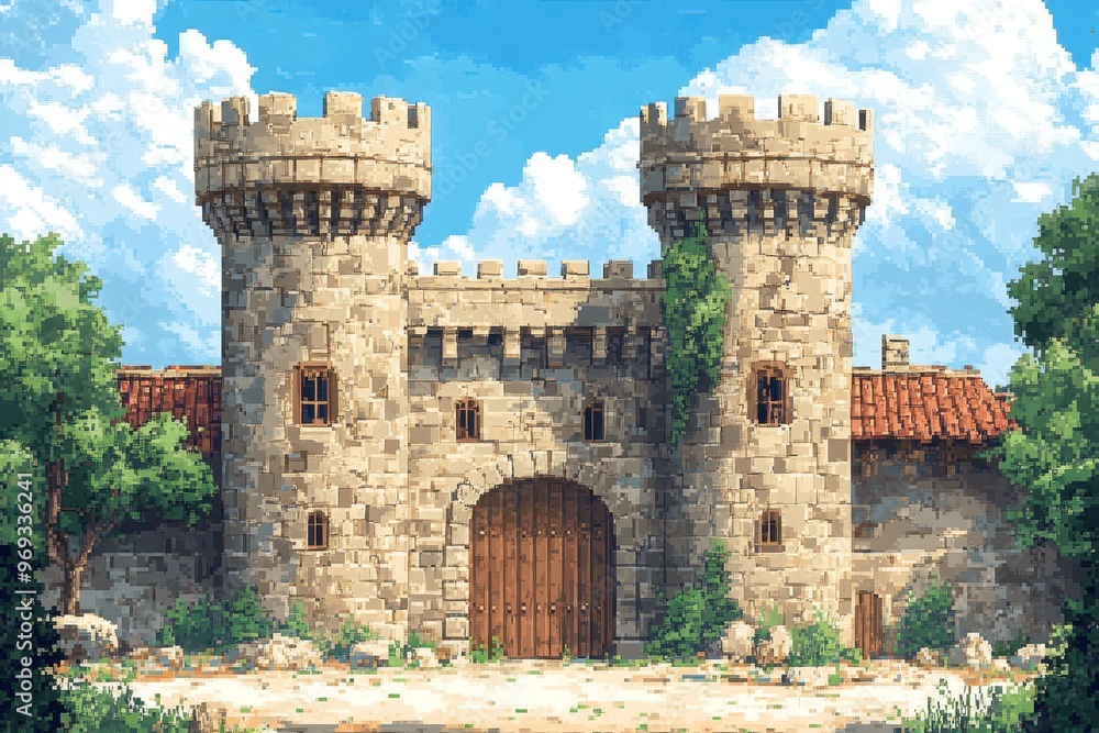 Aufkleber retro 16-bit castle scene with pixelated guards and spacious courtyard for text