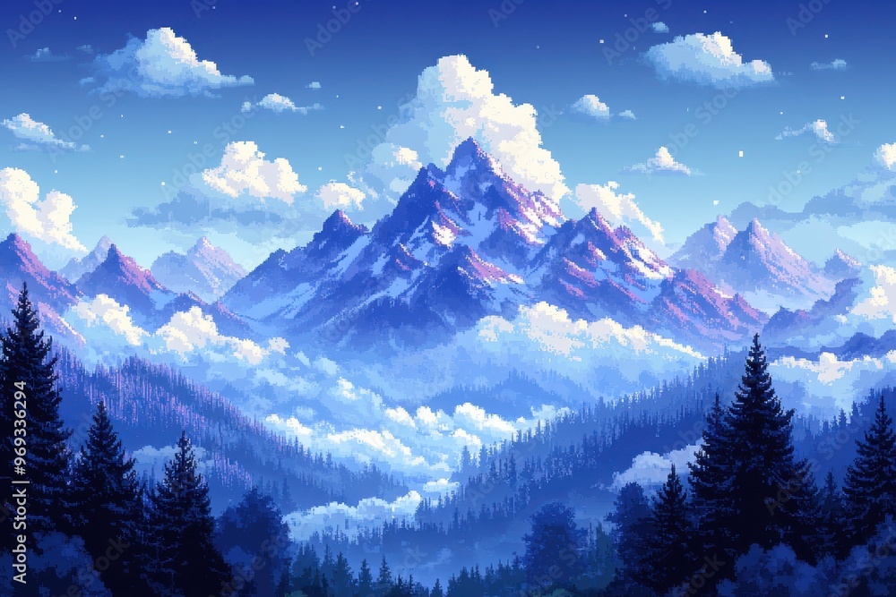 Poster digital pixelated mountain range with pixel clouds and copy space sky for text
