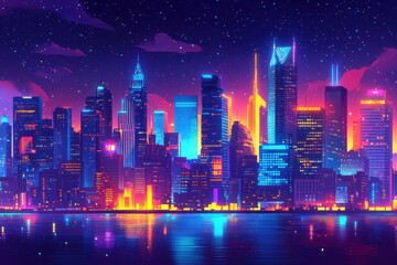 Obraz premium Glowing Retro Cityscape with Pixelated Neon Signs and Open Sky for Casino - Night Urban Background for Text Overlay