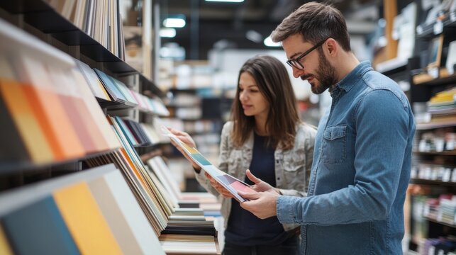 Couple selecting color swatches at a home improvement store