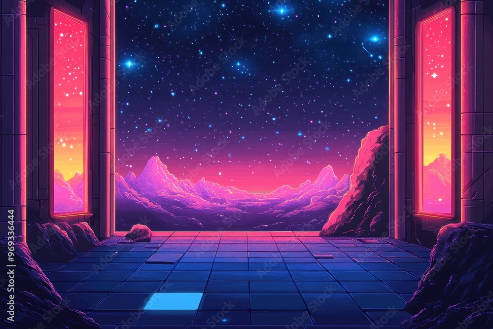 Aufkleber retro space station with pixel stars - galactic futuristic background with copy space for text