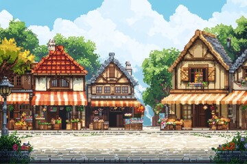 Fototapeta premium Pixelated Village: Retro 8-Bit Market Stalls under Clear Open Sky for Copy Space