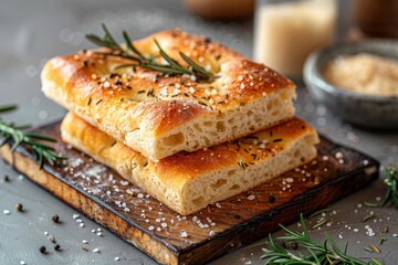 Freshly baked Italian focaccia bread with rosemary and sea salt