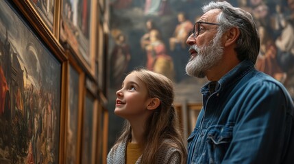Obraz premium Grandfather and granddaughter admire artwork in a museum gallery
