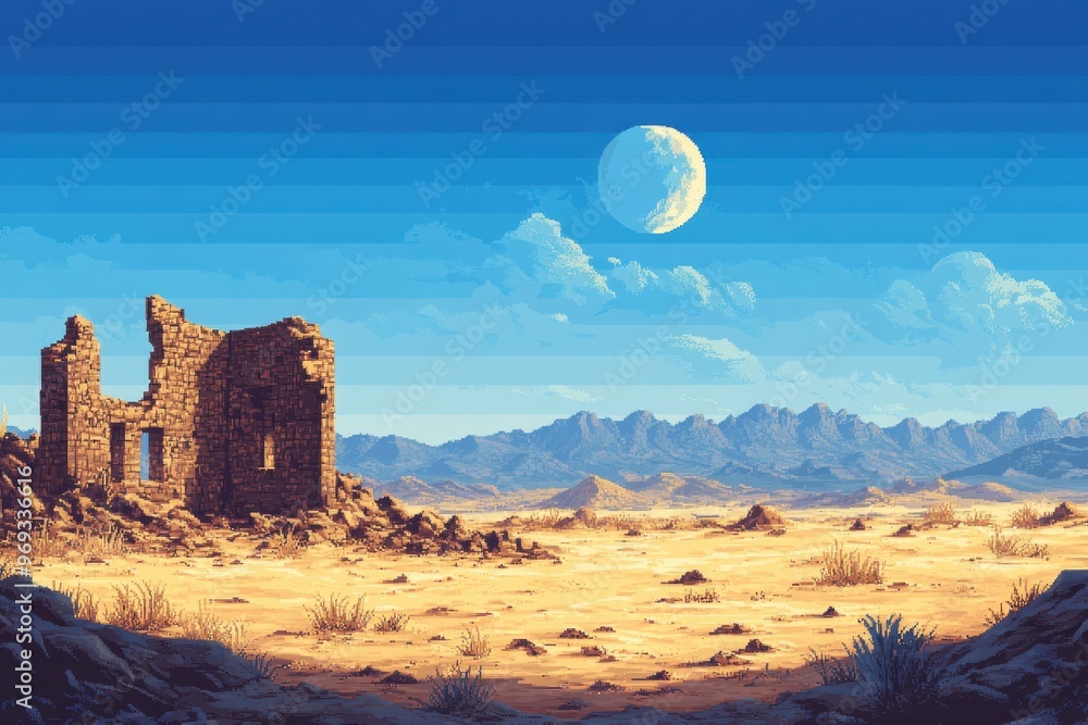 Poster retro 16-bit desert landscape with pixelated ruins and empty sky for text overlay